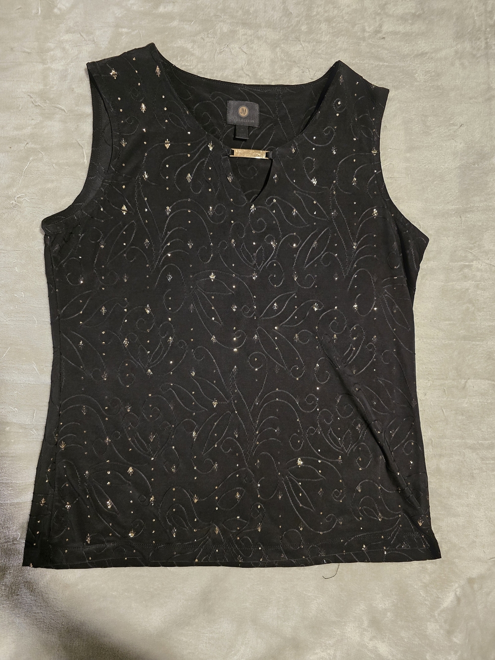 ​JM Collection Black Gold Foil Embellished V-Neck Tank Blouse M